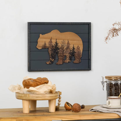 16" 12", NIKKY HOME Cute Bear in The Forest Woodland Decorative Wood Framed Wall Art Prints Cabin Decor, x Dark Slate