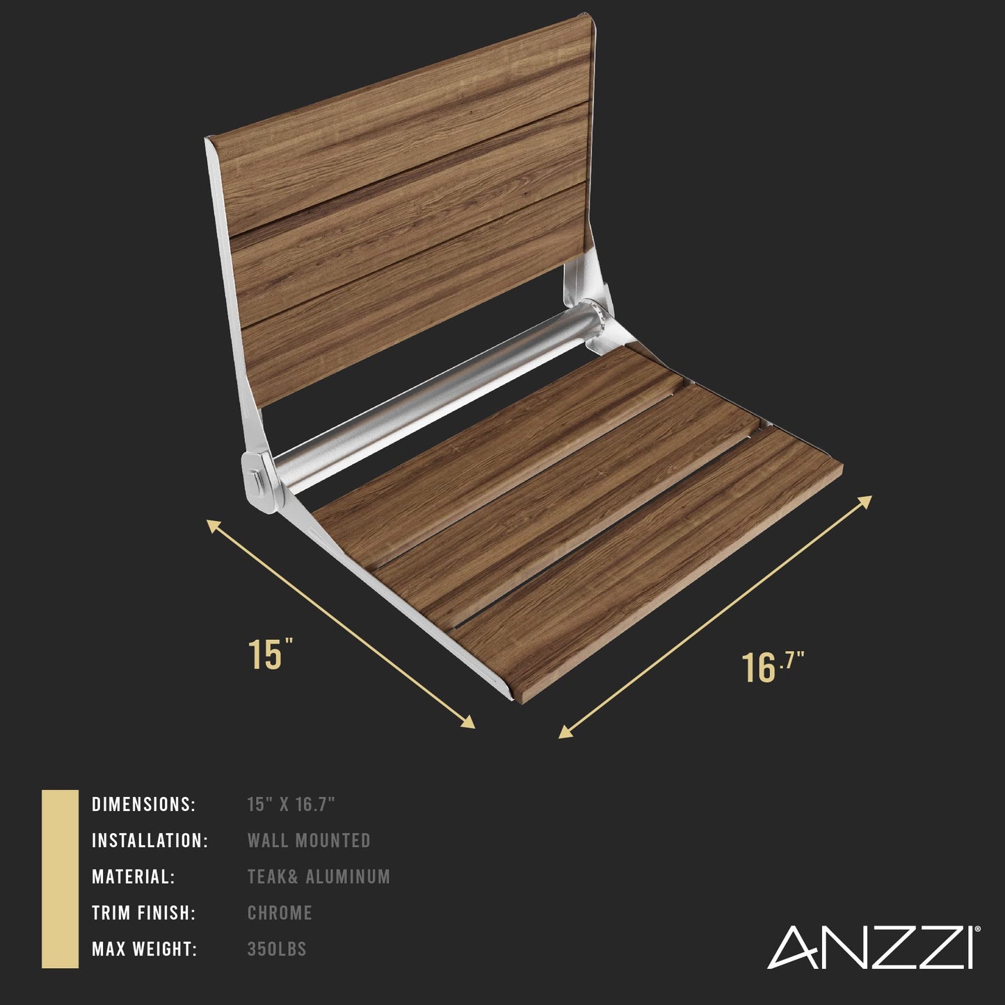 ANZZI Wall Mount Fold Teak Shower Bench | Saxon 18.7 in x 12.4 in Bathroom Accessories Folding Teakwood Shower Seat for Inside Shower for Bathtub | Spa Foldable Wooden Bath Chair for Seniors