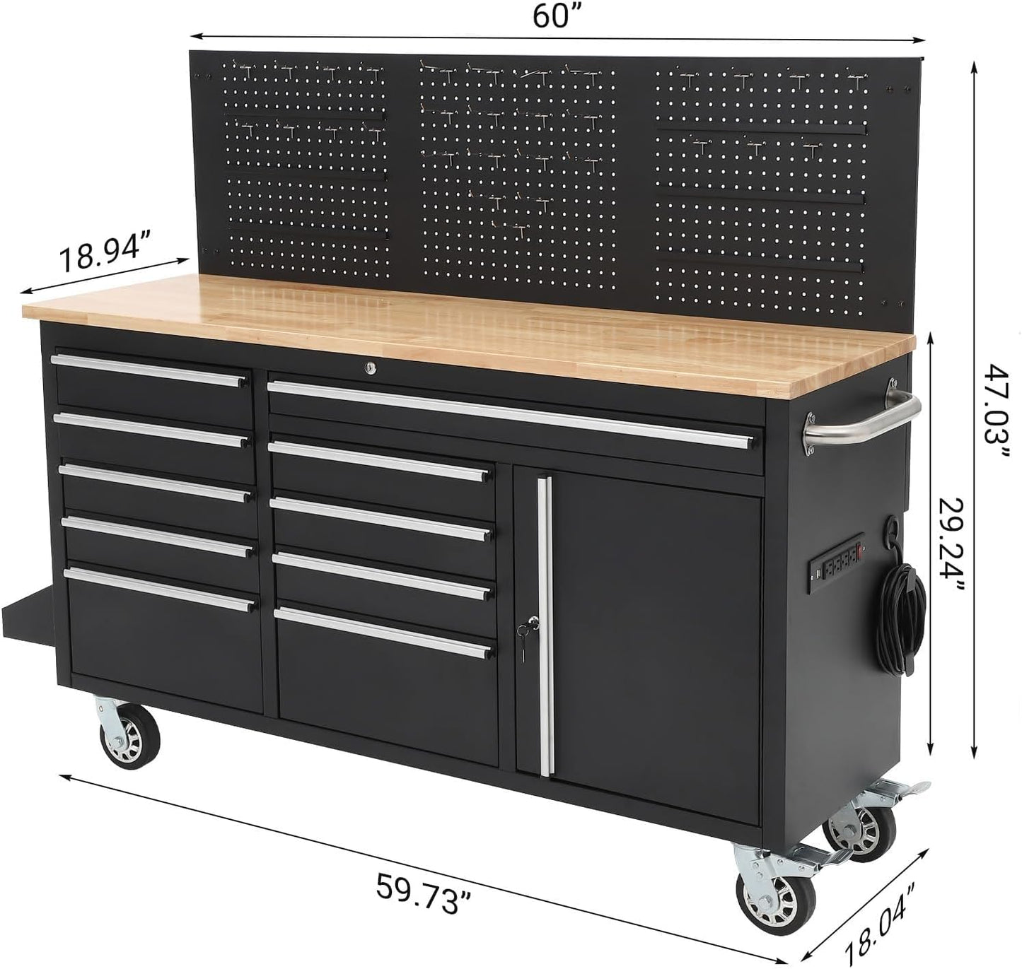 PeakPursuit 61" Rolling Tool Chest with 10 Drawers, Workbench Cabinet with Power Strip, Solid Rubber Wood Top, Pegboard, 1675 LBS Load, Mobile Heavy Duty Garage Storage, Locking Wheels, Black