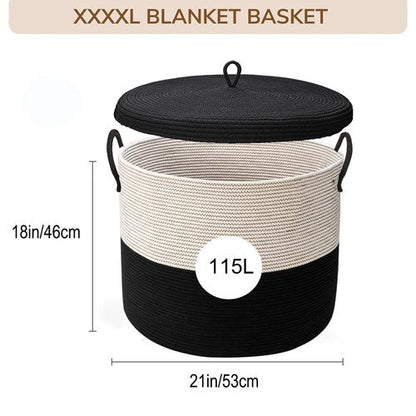 Echueuey 21" x 18"Extra Large storage baskets,Eco-friendly rope baskets with lid,blanket basket living room with lid,hampers for bedroom,big,round, Black 115L