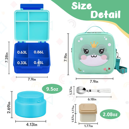 Bento Lunch Box Kids with 9oz Soup Thermo, Kids Leakproof Lunch Food Containers with 4 Compartment, Insulated Lunch Bag for Girls Boys to School Travel