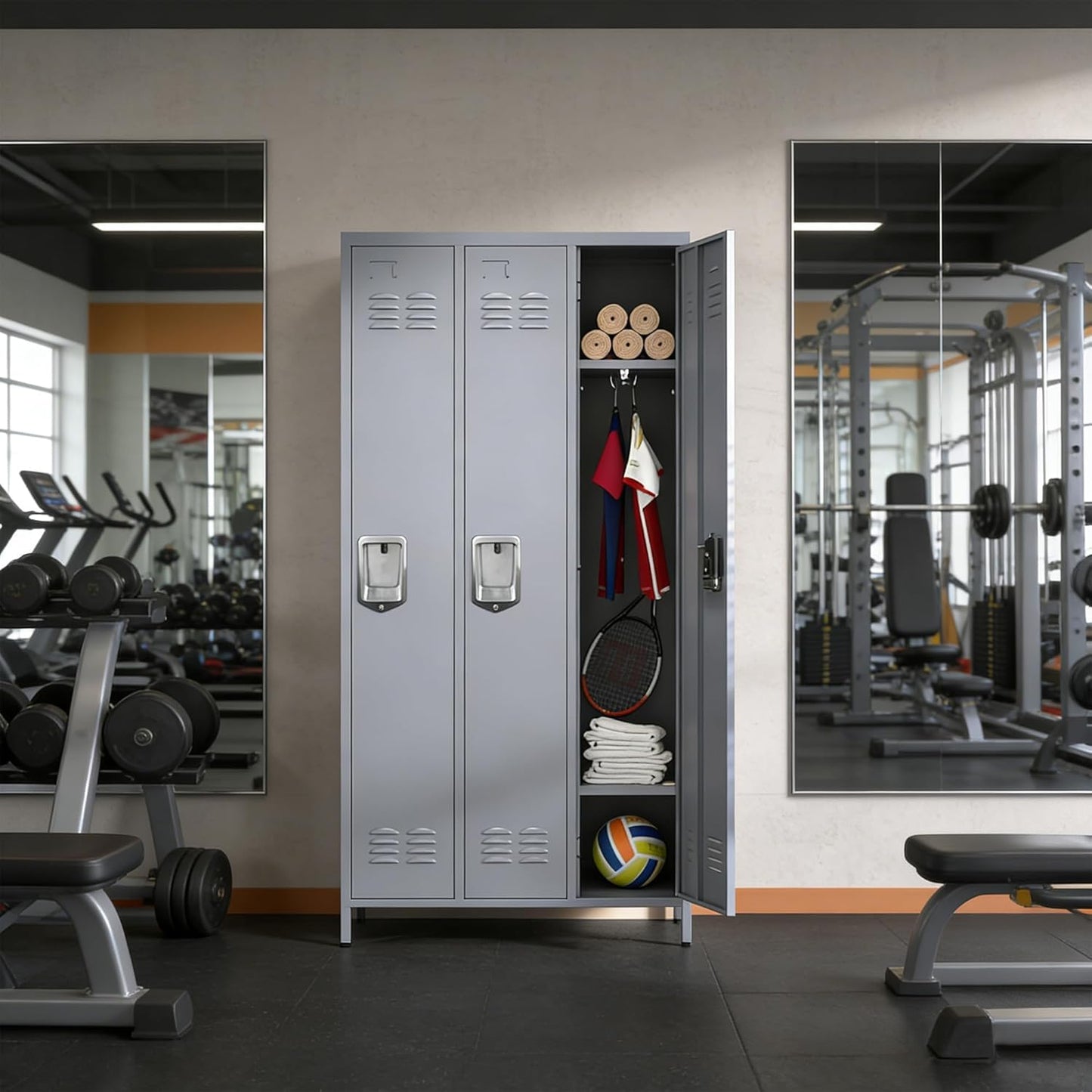 EKJ Upgraded Metal Storage Locker for Employees, 3 Doors Metal Locker Storage Cabinet for Gym Office School, Tall Steel Locker Cabinet for Employees, Assemble Required(Grey)