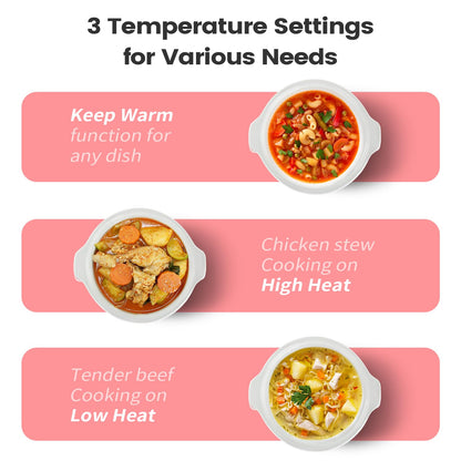 KOOC Small Slow Cooker, 2-Quart, Free Liners Included for Easy Clean-up, Upgraded Ceramic pot, Adjustable Temp, Nutrient Loss Reduction, Stainless Steel, Pink, Round