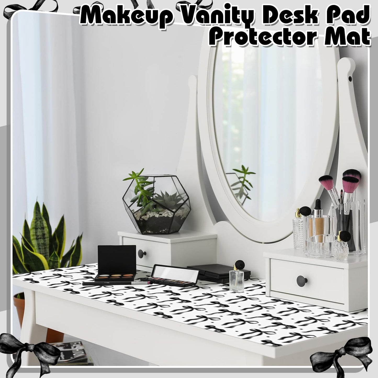 Teenyyou Coquette Bow Makeup Mat for Vanity Top Protector Back to School Gift 31.5" X15.7" Dual Side Leather Desk Mouse Pad Girly Waterproof Nonstick Dressing Vanity Cover for Women Home Office
