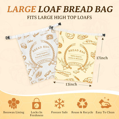 2 Pack Beeswax Bread Bags for Sourdough & Homemade Bread - Natural Cotton Sourdough Reusable Beeswax Food Storage Bag