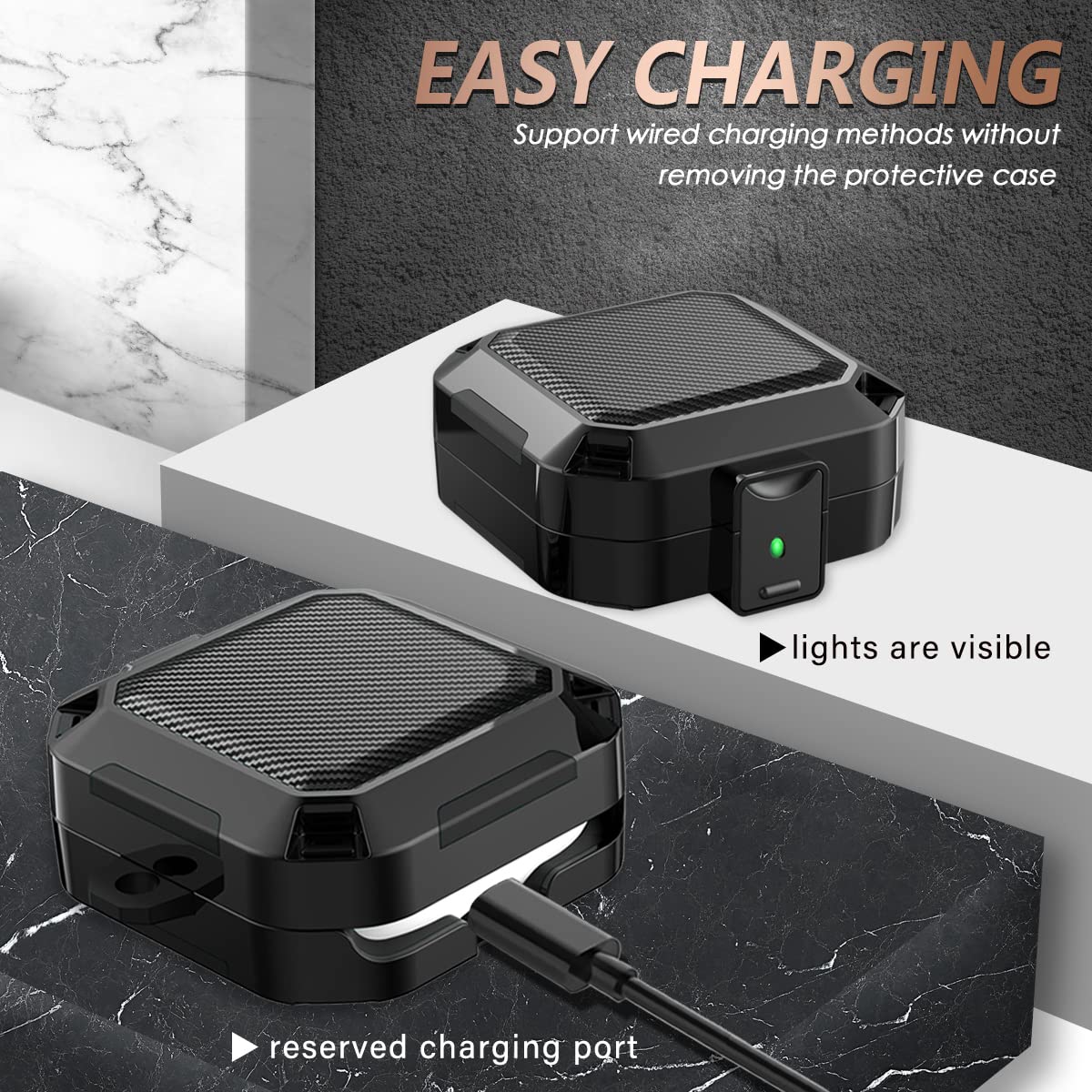 with Safety Lock Carbon Fiber for Beats Fit Pro Case Cover 2021,Shock-Absorbing Beat Fit Pro 2 Protector with Keychain/Zipper Storage Bag/Cleaner Kit - Black