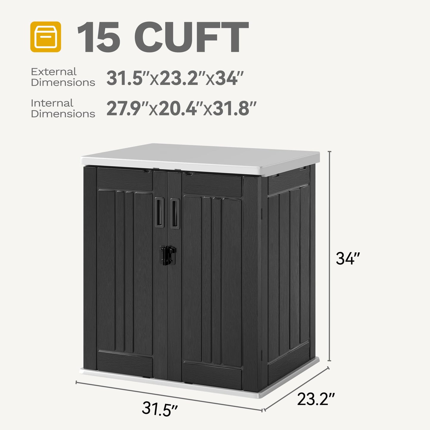 DWVO Outdoor Storage Cabinet with 2 Shelves, Waterproof Horizontal Plastic Storage Shed with Lockable Door, 15 cu. ft. Patio Tools Storage Box for Patio, Garden, Backyard, Deck, Dark Gray