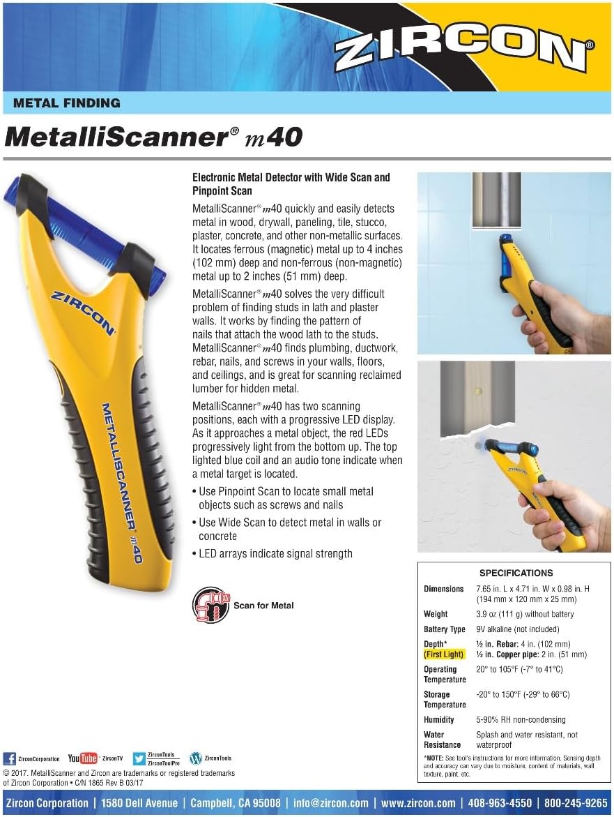 Zircon MetalliScanner m40 - Handheld Electronic Metal Detector for Dry Wall, Concrete, Lathe, Plaster, and More