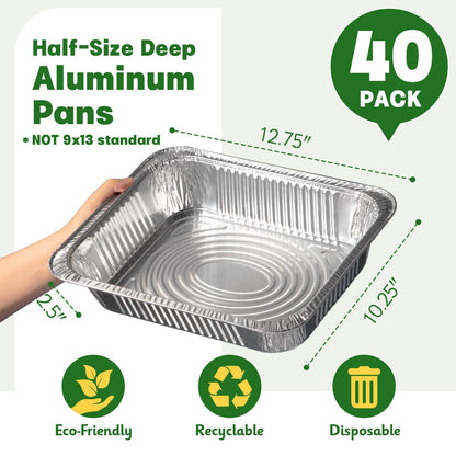 Boxential 9x13 Aluminum Pans [40 Pack], Extra Heavy Duty Half Size Disposable Aluminum Foil Pans, Deep Baking Pans for Cooking, Roasting, Heating, and Steam Tables