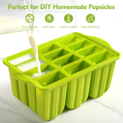 Popsicle Molds Silicone BPA-free,12 Pieces Popsicle Trays for Freezer,Homemade Ice Cream Popsicle Molds,Large Ice Pop Maker Set,Moldes Para Paletas,Ice Lolly Moulds with 100PCS Popsicle Sticks(Green)