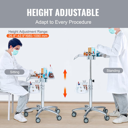 VEVOR Medical Trolley with Wheels - Height Adjustable Gas Lift, Large Tabletop 19"×17", Stainless Steel Rolling Laptop Cart with Storage Basket,Mobile Metal Scanner Cart for Ultrasound/Dental/EKG/Lab