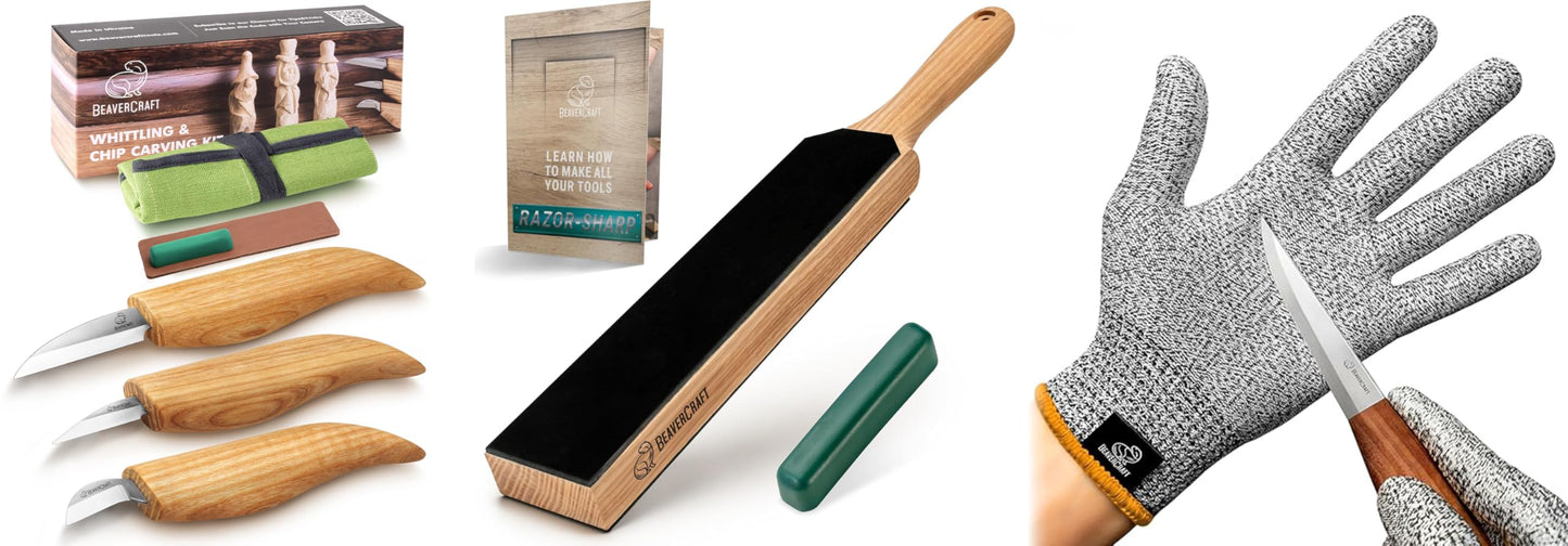 BeaverCraft Wood Carving Kit for Beginners S15 with Detail Chip Sloyd Whittling Knives, Dual-Sided Leather Strop Kit for Knife Sharpening LS6P1, Cut Resistant Gloves Level 5 for Woodworking Food Prep