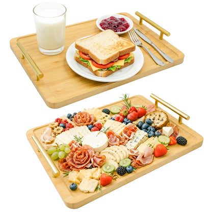 HAUSMODA 2 Pack Bamboo Serving Tray with Metal Handles, 15.8×11.4“ Solid Wooden Tray for Food, Rectangular Decorative Tray for Ottoman, Coffee Table, Living Room, Bathroom, Party