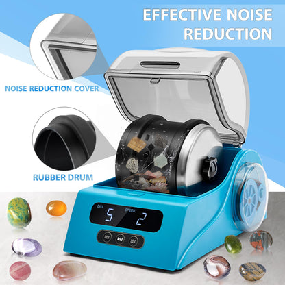 Rock Tumbler Kit Adults - Rock Polisher Tumbler with Noise Reduction Cover, Speed&Timer Control, Includes 4 Polishing Grits, Rough Gemstones, Learning Guide etc.（Blue）