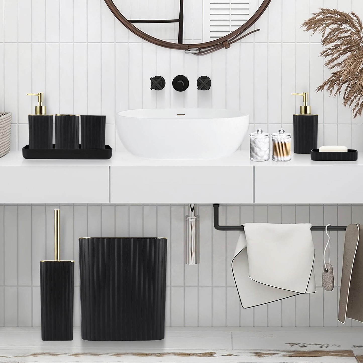 XLHOMO Bathroom Accessories Set - Gorgeous Black Bathroom Set, 10PC Bathroom Accessory Set, Toilet Brush, Trash Can, Qtip Holder & Soap Dispenser