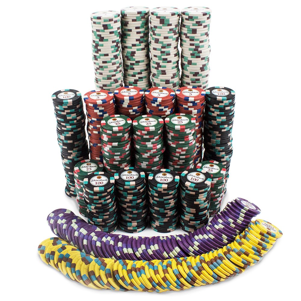 Brybelly Showdown Poker Chips Set - 1000 Heavyweight (13.5-Gram) Clay Composite Chips, 10 Acrylic Trays, and Clear Carrying Case - Professional Casino Supplies, Kits, Holders, & Storage Container