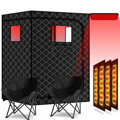 Smartmak Two Person Portable Far Infrared Sauna with 660nm Red Light Therapy Lamp, X-Large Sauna Box, 6 Heaters, Full Size Indoor SPA Room for Home Relaxaion, Remote Control, 2 Big Folding Chairs