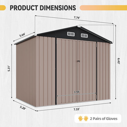 Aoxun 8x6FT Shed with Floor Galvanized Steel Outdoor Storage Shed Metal Garden Shed with Double Doors, Moisture-Proof Floor & Ventilation, Sloped Roof for Bike/Generator/Tool Storage (Brown)
