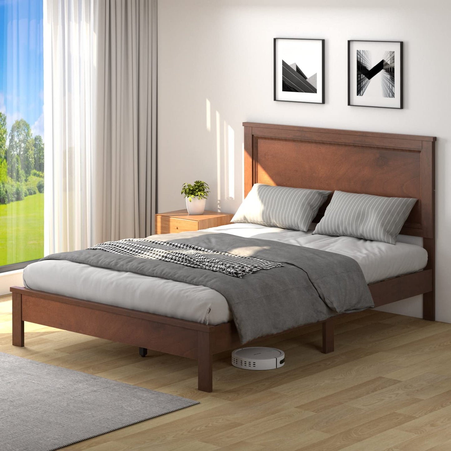 KOMFOTT Full Size Wood Platform Bed Frame with Headboard, Wooden Mid Century Platform Bed with Slat Support & Under Bed Storage, Mattress Foundation Bed Base, No Box Spring Needed, Walnut