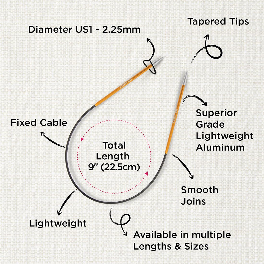 KnitPro Zing Fixed Circular Needles 9" (22.5cm) | US Size 1 (2.25mm)