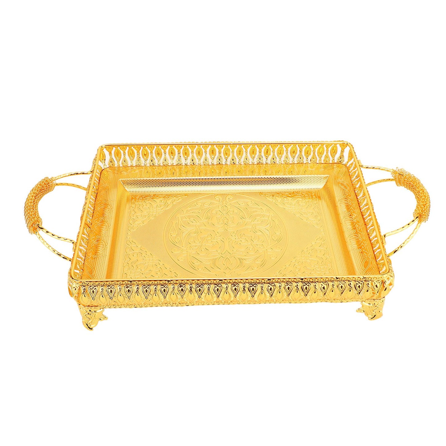 Decorative Serving Tray, Gold European Style Metal Serving Tray with Handles, Coffee Tea Beverage Serving Rectangle Tray, Cake Platter Serving Trays Food Platter Jewelry Tray