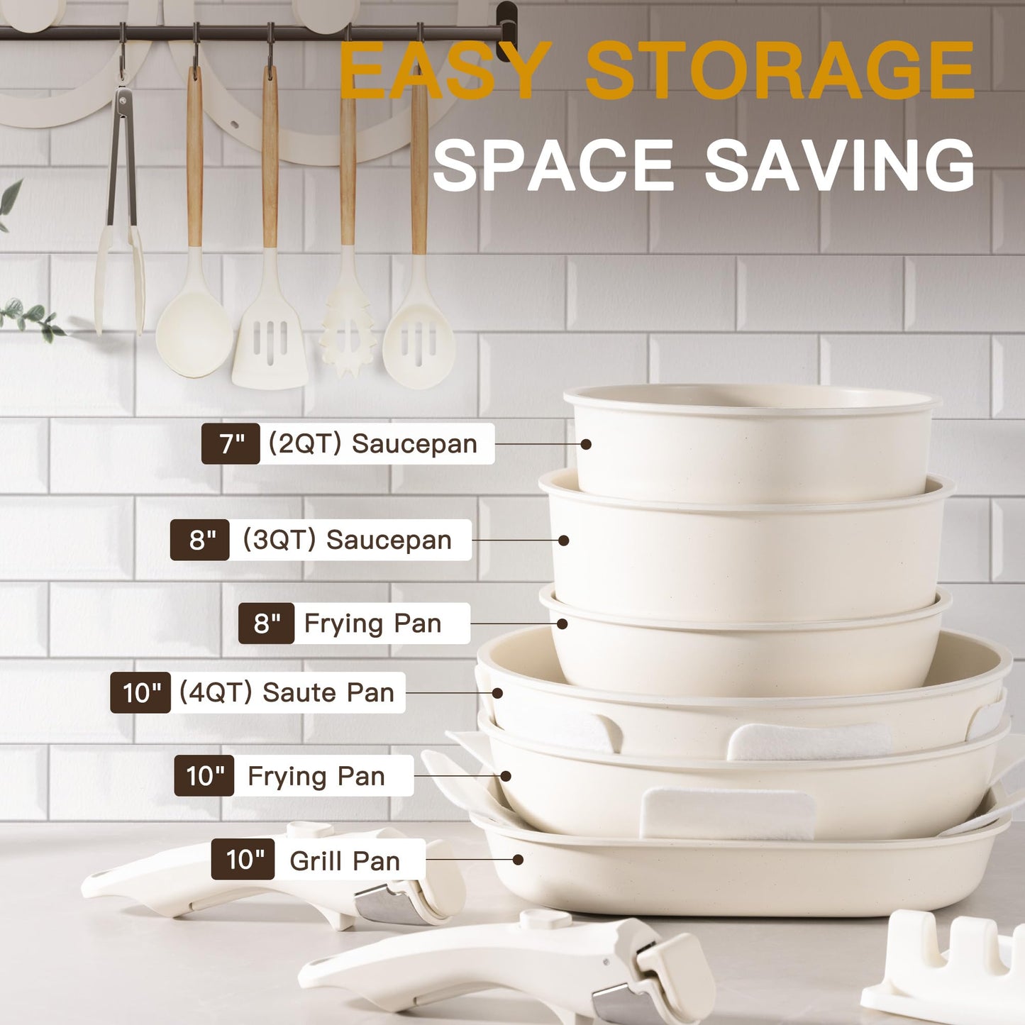 Astercook 23 Pcs Pots and Pans Set Non Stick, Ceramic Cookware Set Detachable Handle, RV Kitchen Cooking Set Removable Handles, Oven Safe, Induction Ready, Stackable, Cream White, Mothers Day Gifts