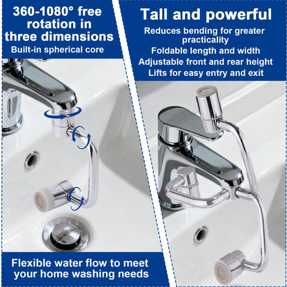 Universal Rotating Faucet Extender, 1080° Swivel Extension Sink Aerator with Dual Spray Modes & Adjustable Rotatable Robotic Arm, for Bathroom Kitchen 15/16'' Accessories & 55/64'' Threads Parts