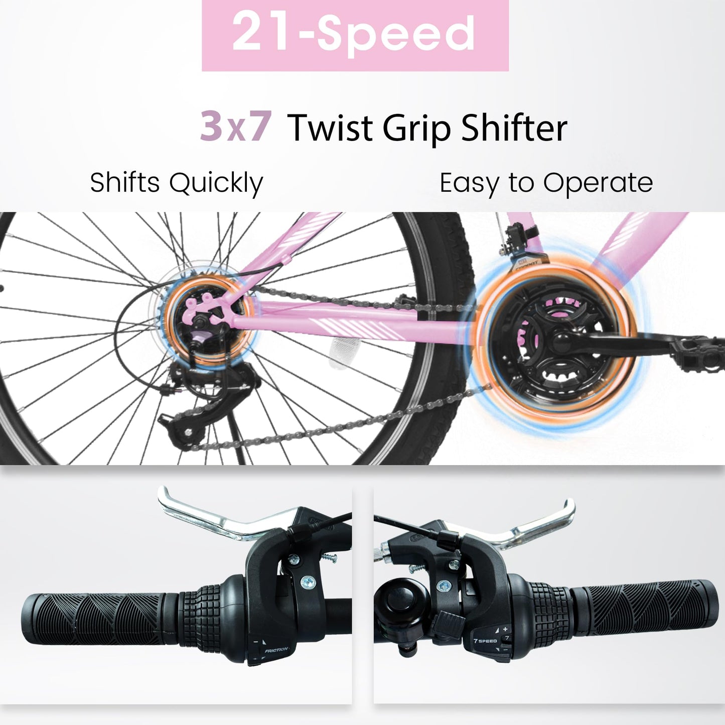 HIWORK Mountain Bike 26 Inch, High Density Carbon Steel Frame Girls Bike with 21-Speed Front Suspension Dual V-Brakes, Bike for Teenagers Girls Womens Bicycle | Pink