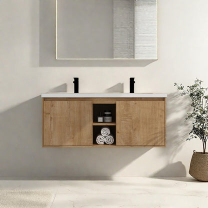 Trygoal Floating Bathroom Vanity, 48" Bathroom Storage Cabinet with Double Resin Sinks, 2 Soft-Close Doors & 2 Open Storage Shelves, Modern Wall-Mounted Vanity with 45° Bevel Handles, Oak