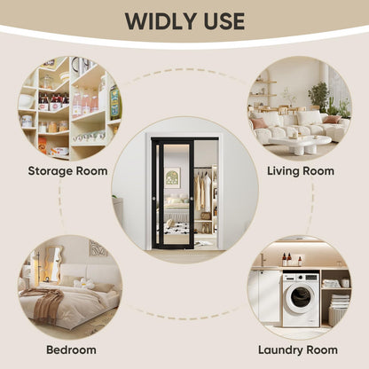 JUBEST 48" x 80" Mirror Closet Door, Preassembled One Side Mirror Door with Hardware Kit & Matching Fascia, Solid Wood Frame with Water-Proof PVC Surface, Easy to Install, Black