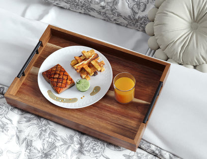 Fibogollo Acacia Wood Serving Tray with Metal Handles,17x12in Ottoman Decorative Trays Platter for Coffee Table,Living Room,Bar,Party(Large)