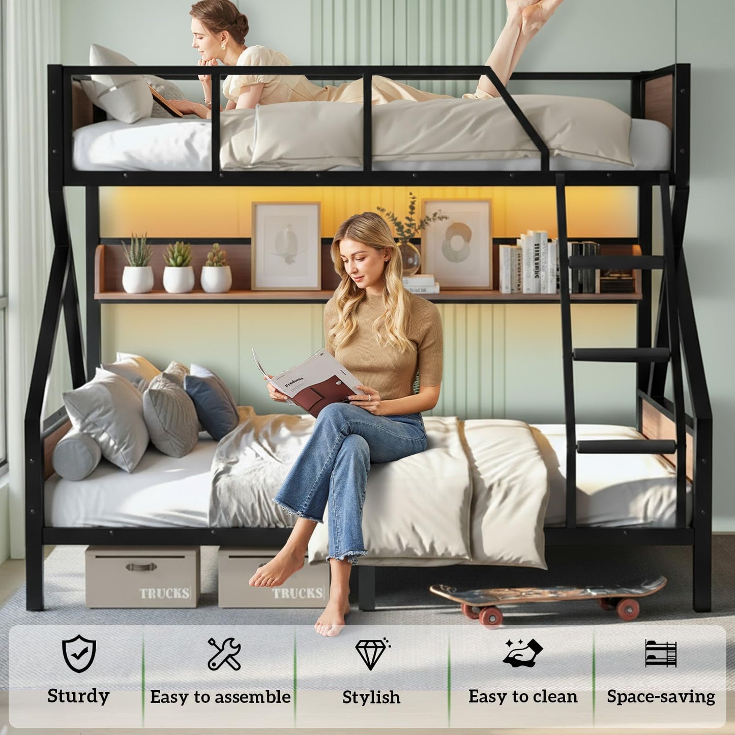 HKOLIE Twin XL Over Queen Bunk Bed with Storage Shelves & LED Lights, Heavy Duty Metal Bunk Bed Frame with Stairs, Noise-Free Design, Space-Saving Bed with Guardrails for Kids, Teens & Adults, Black