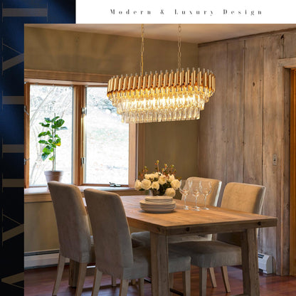 A AXILIXI Modern Rectangular Chandelier Gold Crystal Chandeliers for Dining Room 8-Light Linear Ceiling Pendant Light Long 32” Luxury Oval Chandelier for Kitchen Island Living Room