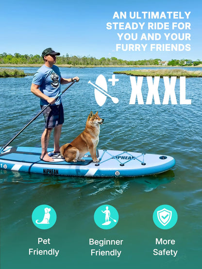 Niphean (Extra Large) Inflatable Paddle Board, SUP for 2+1 People/Family 500lbs Capacity Stand Up Paddle Board with SUP Accessories, StabilTrac Fin Non-Slip Paddleboard for Adults-Sky Blue