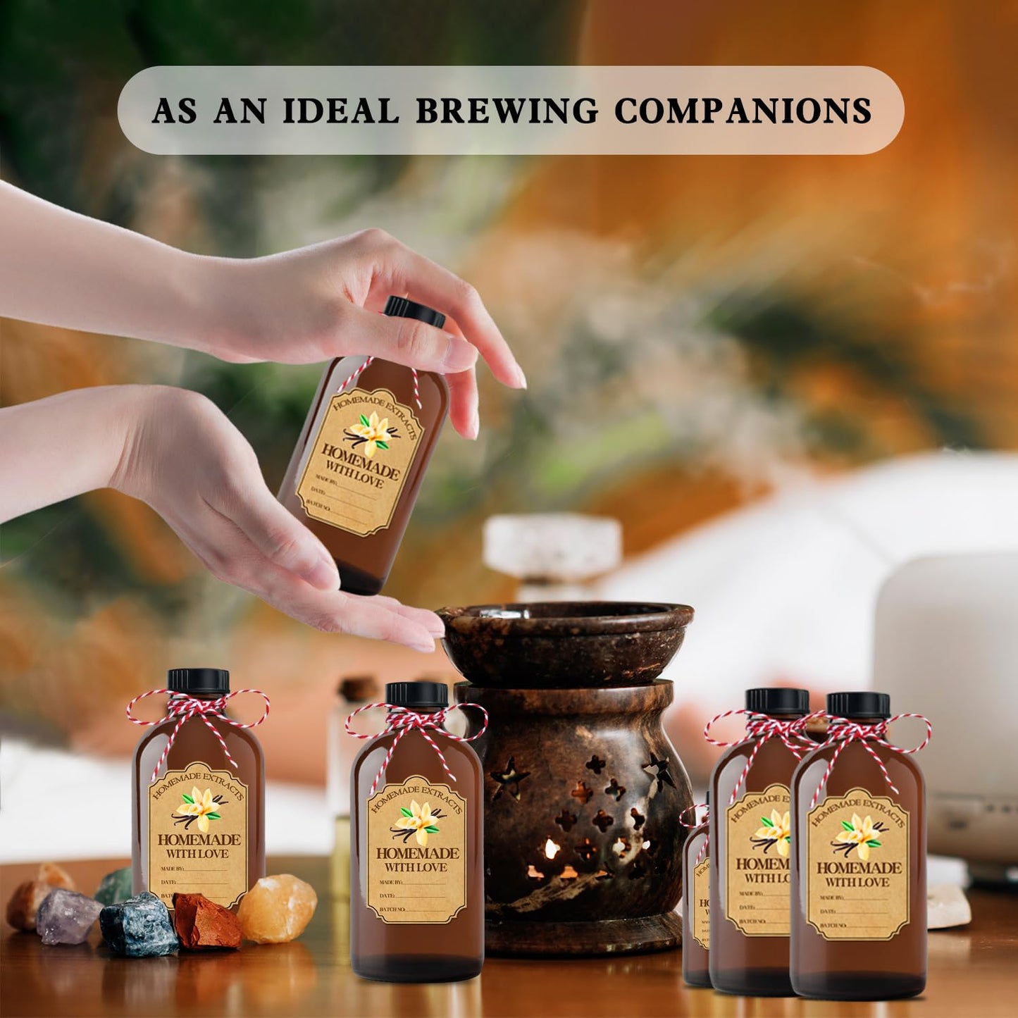Popokeegoo 4Pcs 16 oz Amber Glass Bottle Brown Round Bottles with Caps, for Vanilla Extract Homemade, for Syrup Gift Glass Food Storage Canister Set, Sauce Beans, Essential Oil