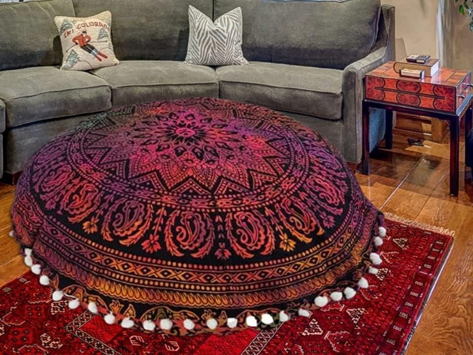 22 Inch Throw Floor Pillow Covers Tie Dye Round Pouf Seating Home Decor Flower Printed Indian Mandala Ottoman Cotton