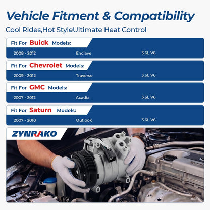 Zynrako A/C Compressor with Clutch Compatible with Buick Enclave 2008-2012, Chevy Traverse 2009-2012, GMC Acadia 2007-2012, Saturn Outlook 2007-2010, Replaces CO21625C