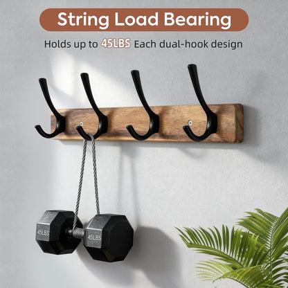 Yangbaga Coat Rack Wall Mount,Acacia Wood Coat Hooks Wall Mount,15" Wall Coat Rack with Heavy Duty 4-Double-Hooks,Hat Rack Wall Coat Hanger for Towel/Dog’s Leashes/Coat/Bag