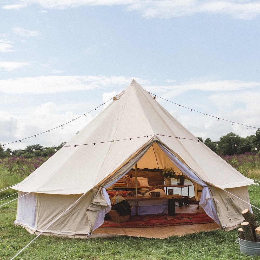 Dream House Outdoor Waterproof Cotton Canvas Family Camping Bell Tent (Beige Cotton Canvas Tent, Diameter 5 Meter)