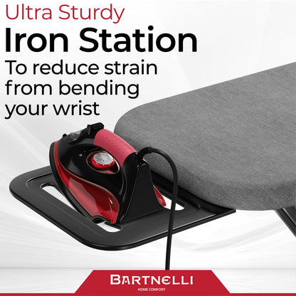 Bartnelli by Rorets Ironing Board Made in Europe | Iron Board with 4 Layered Cover & Pad, Height Adjustable up to 36" Features A Safety Iron Rest, 4 Steel Legs, for Laundry Room or Dorm Use (43x13)