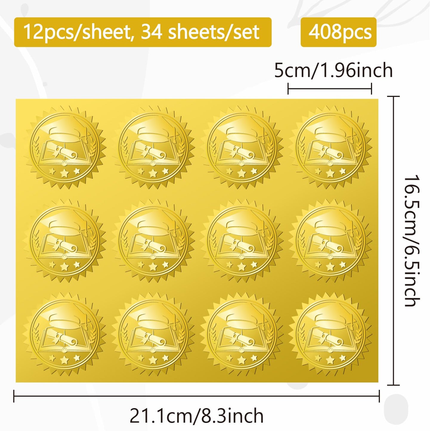 CRASPIRE 408Pcs Graduation Cap Books Certificates Official Gold Foil Embossed Stickers 2" Self Adhesive Envelopes Seals Round Labels for Award Wedding Invitation Corporate Diplomas Gift Wrapping Decor