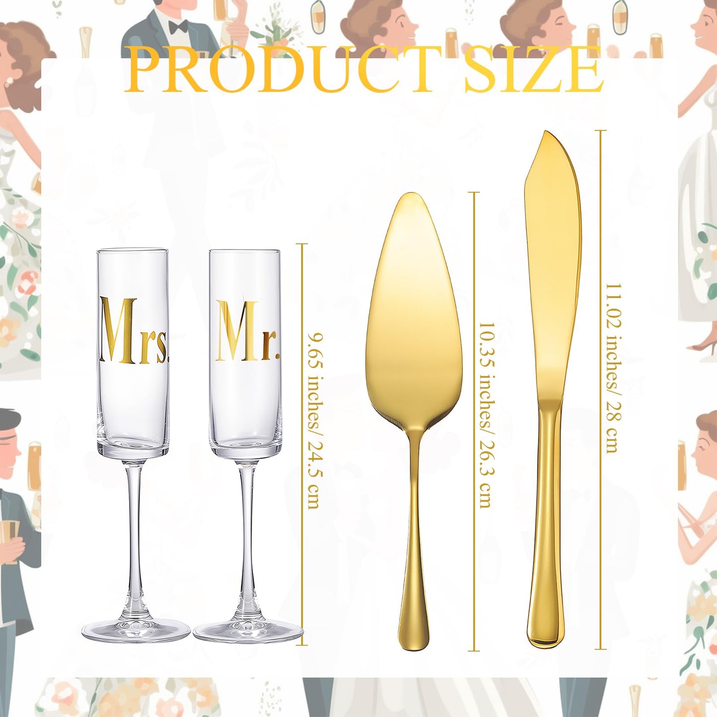 Boao 4 Pieces Wedding Toasting Flutes and Cake Server Set Wedding Reception Supplies Champagne Glasses Cake Knife Pie Server (Gold,Elegant)