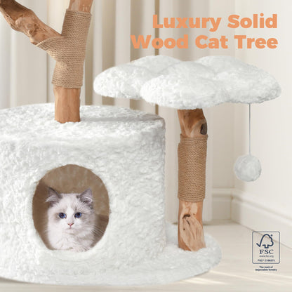 Easyego Modern Cat Tree, 40.5" Aesthetic Wood Cat Tree Tower for Large Cats, Luxury Cat Condo with Scratching Posts and Flower Platforms, Cat Furniture, White