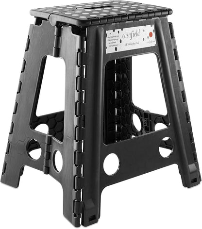 18" Casafield Folding Step Stool with Handle, Black - Portable Collapsible Small Plastic Foot Stool for Adults - Use
