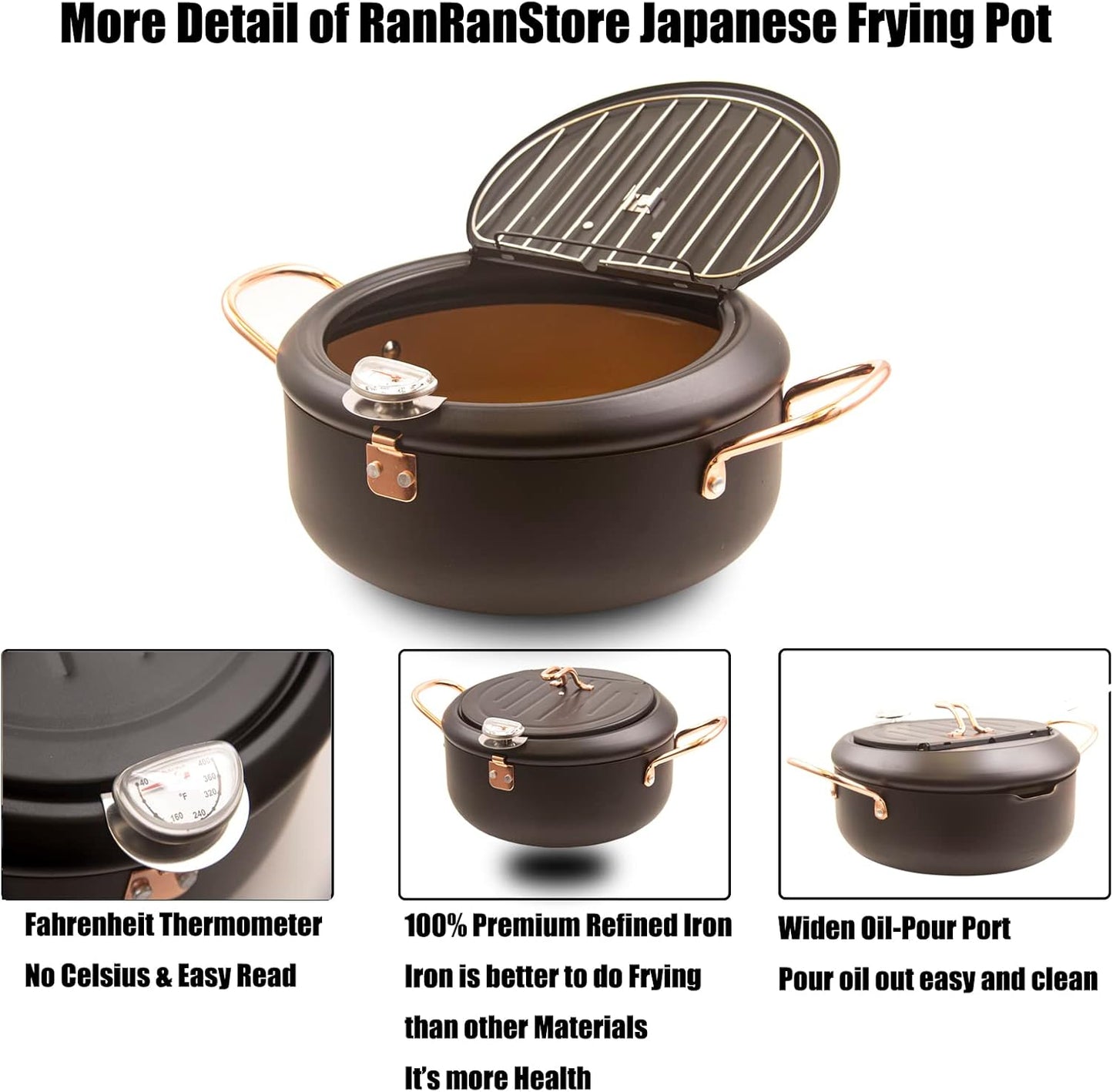 Japanese Tempura Deep Fryer Pot 2.3L with Fahrenheit Thermometer, Nonstick Coating, Easy Clean, Black