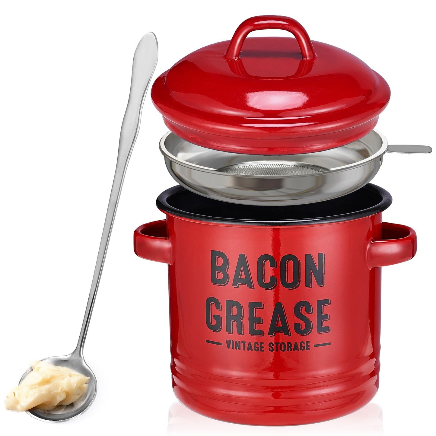 ONEARF Bacon Grease Container with Strainer - Large 46OZ Red Kitchen Oil Storage Can, Food Saver Bin with Lid | Farmhouse Cooking Pot Keeper Collector, Dishwasher Safe - Red
