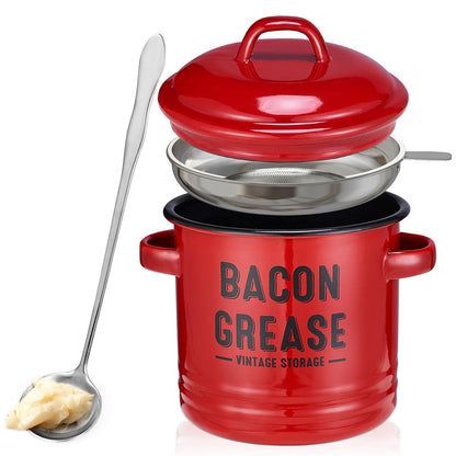 ONEARF Bacon Grease Container with Strainer - Large 46OZ Red Kitchen Oil Storage Can, Food Saver Bin with Lid | Farmhouse Cooking Pot Keeper Collector, Dishwasher Safe - Red