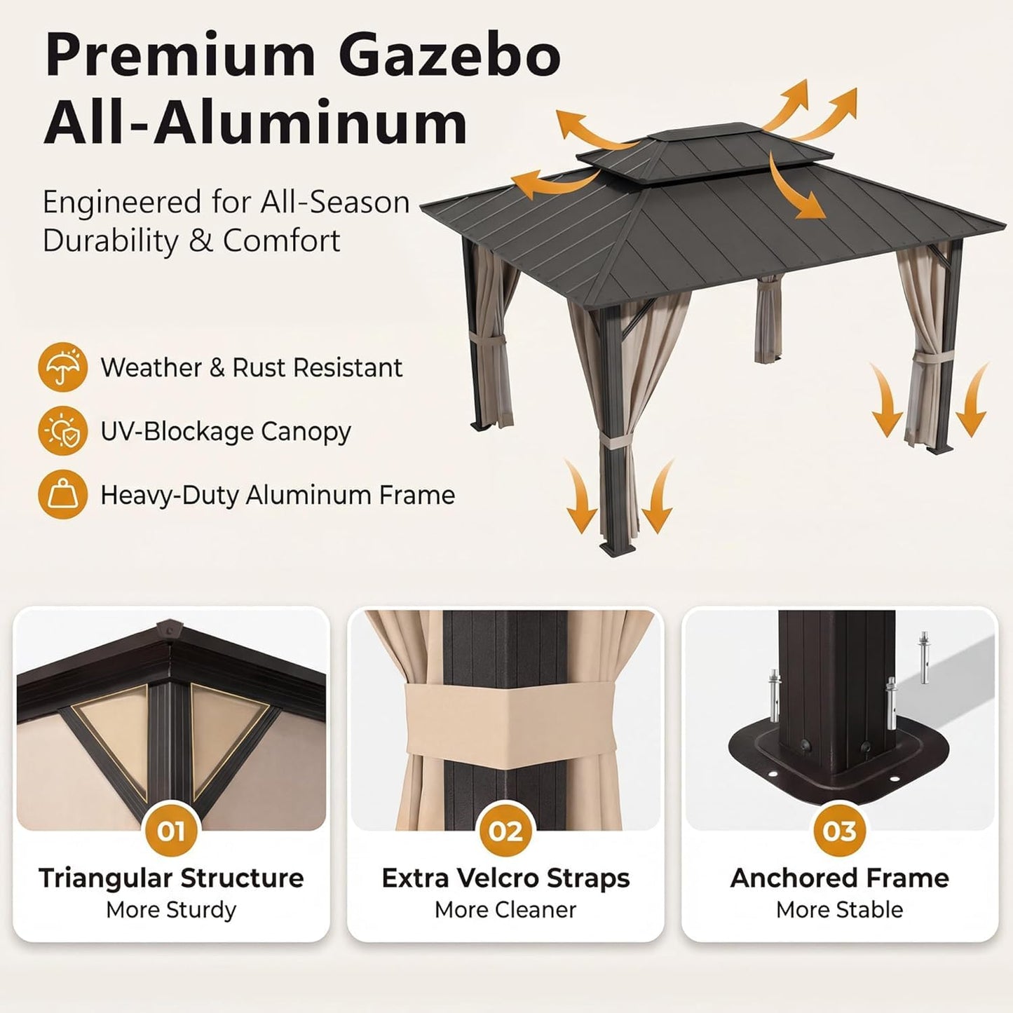Devoko 10' x 12' Metal Hardtop Gazebo,Aluminum Outdoor Deck Gazebo with Mosquito Netting&Curtains, Permanent Pavilion with Double Roof for Backyard, Garden(Windproof, Snow-Load Bearing, Rustproof)