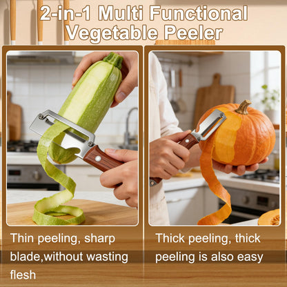 2026 Upgrade Premium Vegetable Peeler with Wooden Handle and Bottle Opener, Multifunctional 3-in-1 Stainless Steel Kitchen Tool for Fruit Apple Potato Pumpkin Papaya (Wood Grain + Black Pattern)