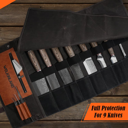 WELKINLAND 13-Pocket Knife Roll, Waxed-Canvas Leather Knife Roll Bag, Heavy-Duty Chef Knife Roll Bag, WaterProof Knife Wrap Roll, Portable Chef Knife Roll Up, Chef Knife Bags And Rolls